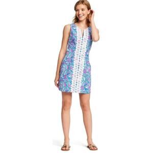 Lilly Pulitzer Embroidered My Fans Split Neck Shift Dress Women Size 2 Blue Pink